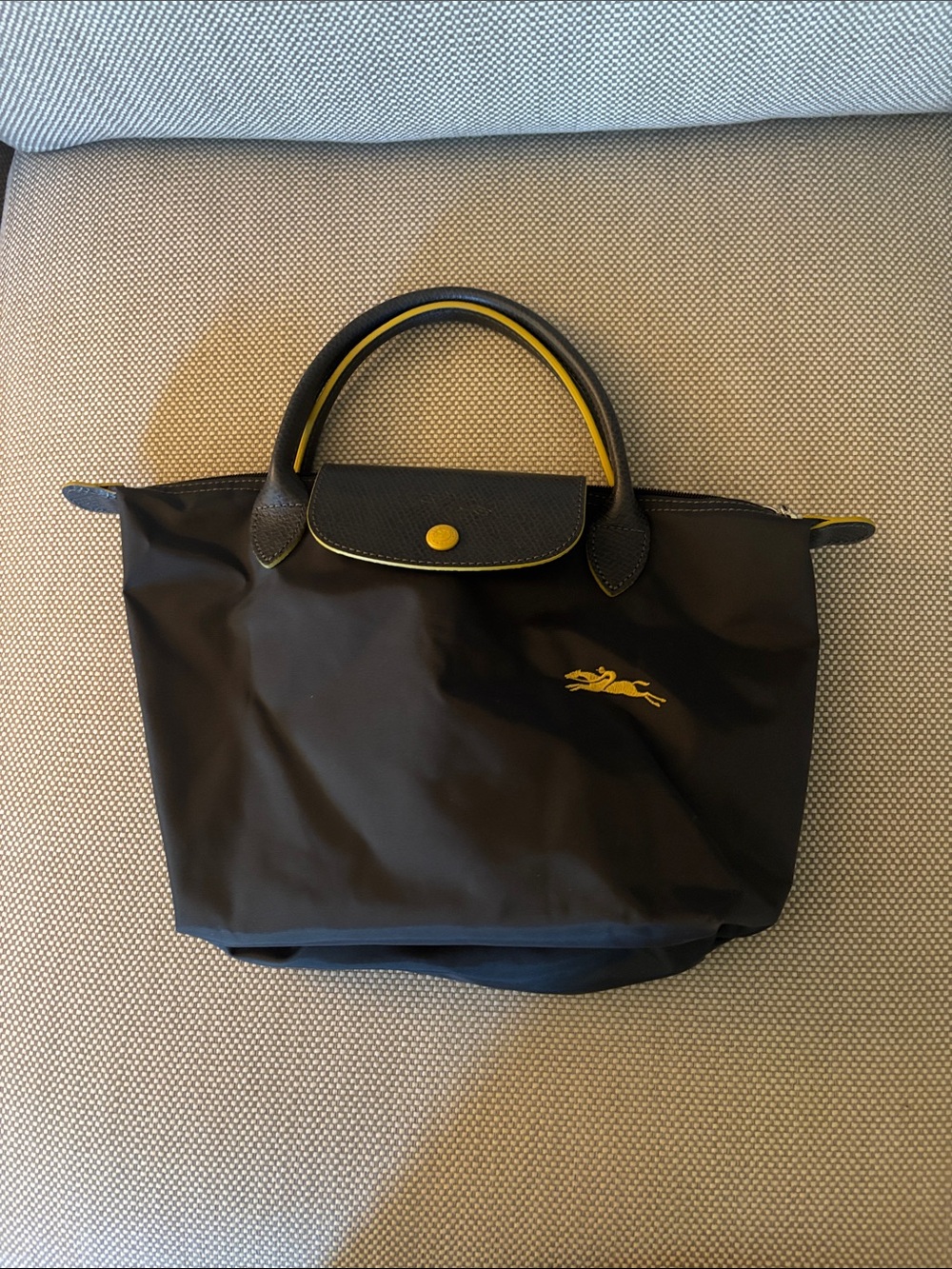 Longchamp Dark Gray Tote with Yellow Trim
